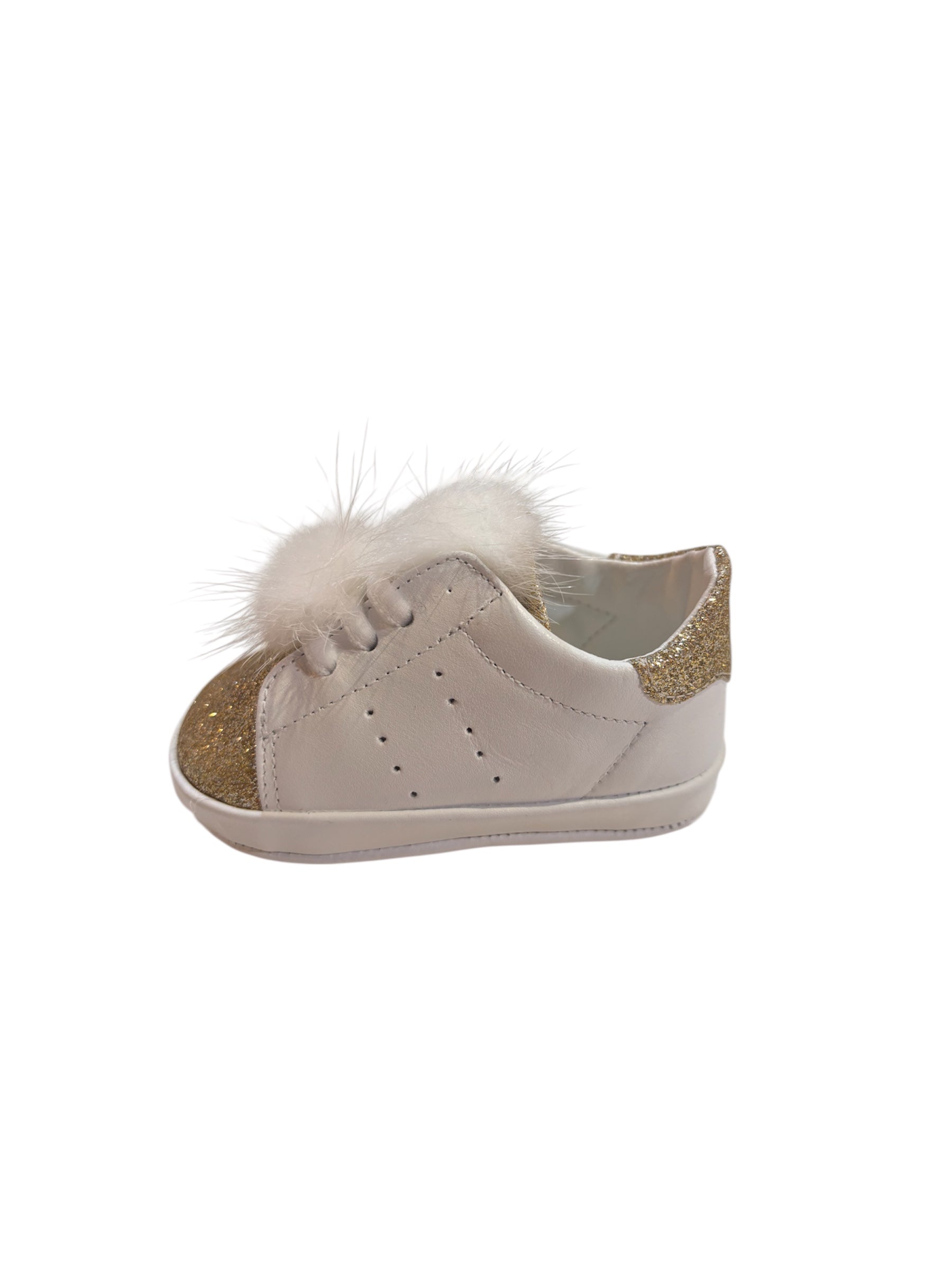 scarpa-culla-pelle-bianca-e-oro-con-pon-pon-pelo-babychic